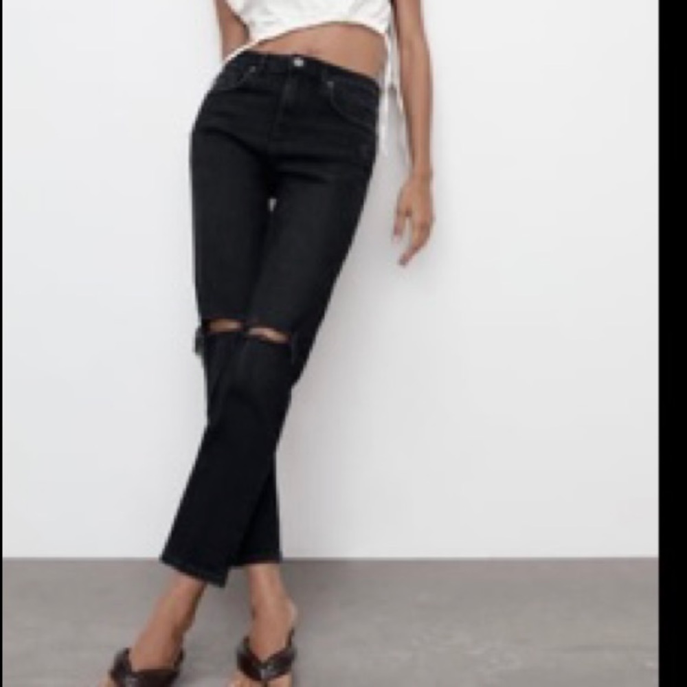 Zara slim fit high rise ripped jeans black size 6 eur 38